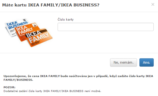 Okno pro zadání čísla klubové karty IKEA Family.