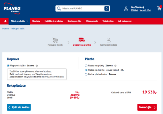 Stránka Doprava a platba na eshopu Planeo Elektro