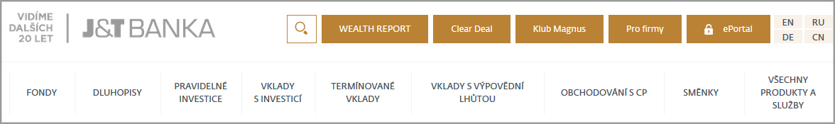 Ukázka menu u původní verze webu J&T Banky.